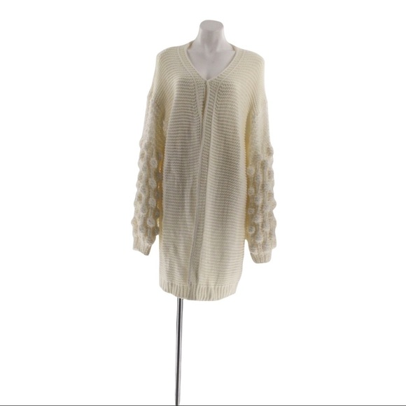 Simply Couture Oversized Beige Open Knit Pom-Pom Sleeve Sweater Cardigan - Picture 1 of 13